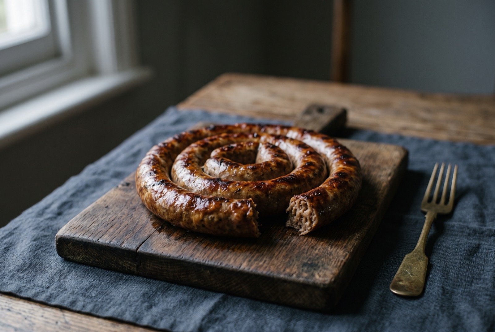 Cumberland sausage, coiled pork sausage: a single long sausage coiled into a tight flat spiral, its natural casing deeply browned and slightly blistered from grilling.