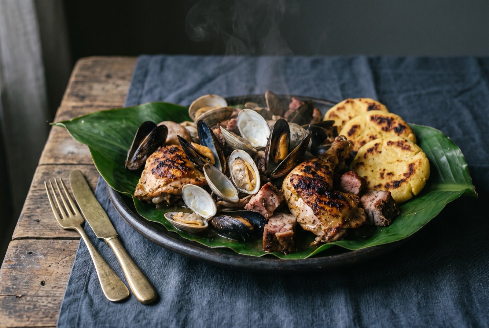 Curanto en hoyo, a layered earth pit bake of shellfish, meat and potato dumplings: a wide platter piled high with steamed mussels and clams still in their shells, dark smoked sausage, pale potato dumplings with a slightly charred exterior.