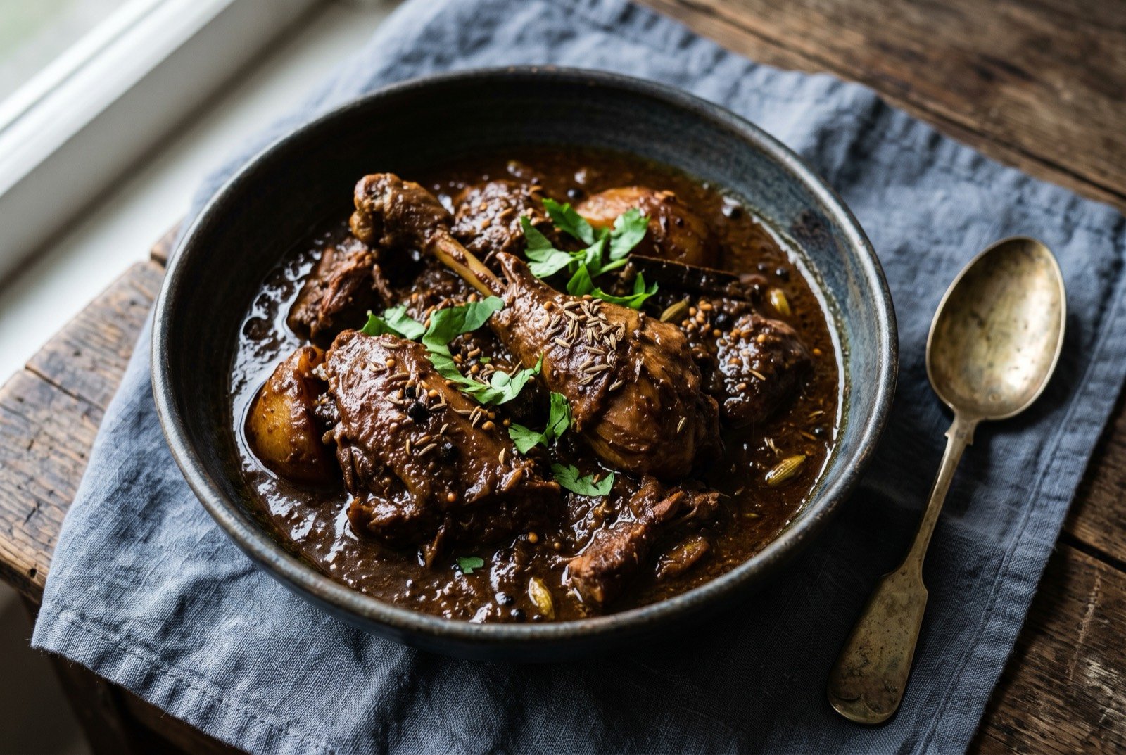 Curry duck, Indo-Trinidadian dark curry stew: a deep bowl of dark mahogany brown curry with visible duck pieces on the bone, a thick glossy sauce clinging to the meat.