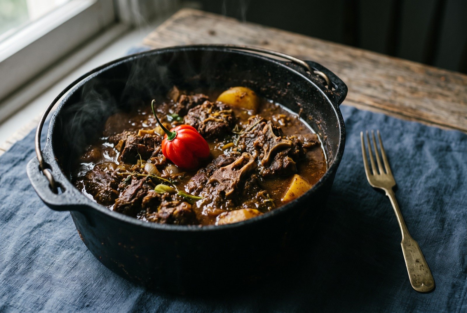Curry goat, bone in goat slow braised in a deep curry sauce: dark bone in goat pieces falling apart in a deep, thick, mahogany brown sauce in a heavy black pot, a few chunks of potato visible.