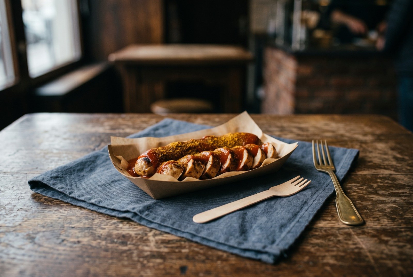 Currywurst, Berlin's curry-ketchup sliced sausage: a sliced grilled sausage fanned out on a small paper tray, a glossy rust orange curry sauce spooned generously over the top.