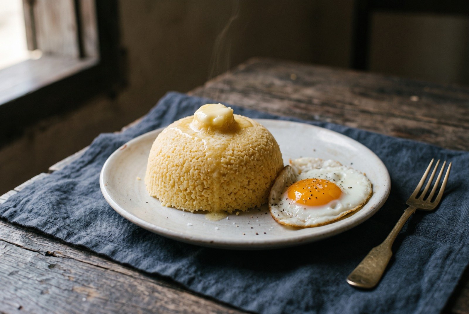 Cuscuz nordestino, steamed cornmeal moulded and served with butter: a pale golden dome of steamed, finely textured cornmeal unmoulded onto a plate, its surface faintly ridged from the cuscuzeira.