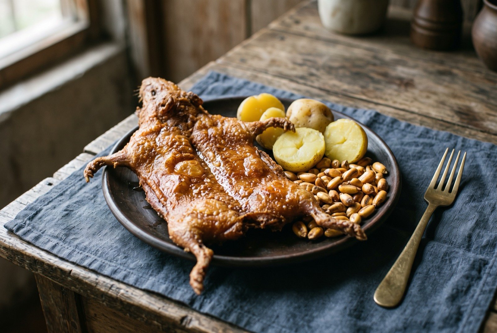Cuy chactado, flattened and fried guinea pig: a whole flattened guinea pig, skin deep golden brown, glistening and pressed completely flat, splayed whole across a plate with a few small boiled yellow potatoes and toasted golden kernels of corn alongside.