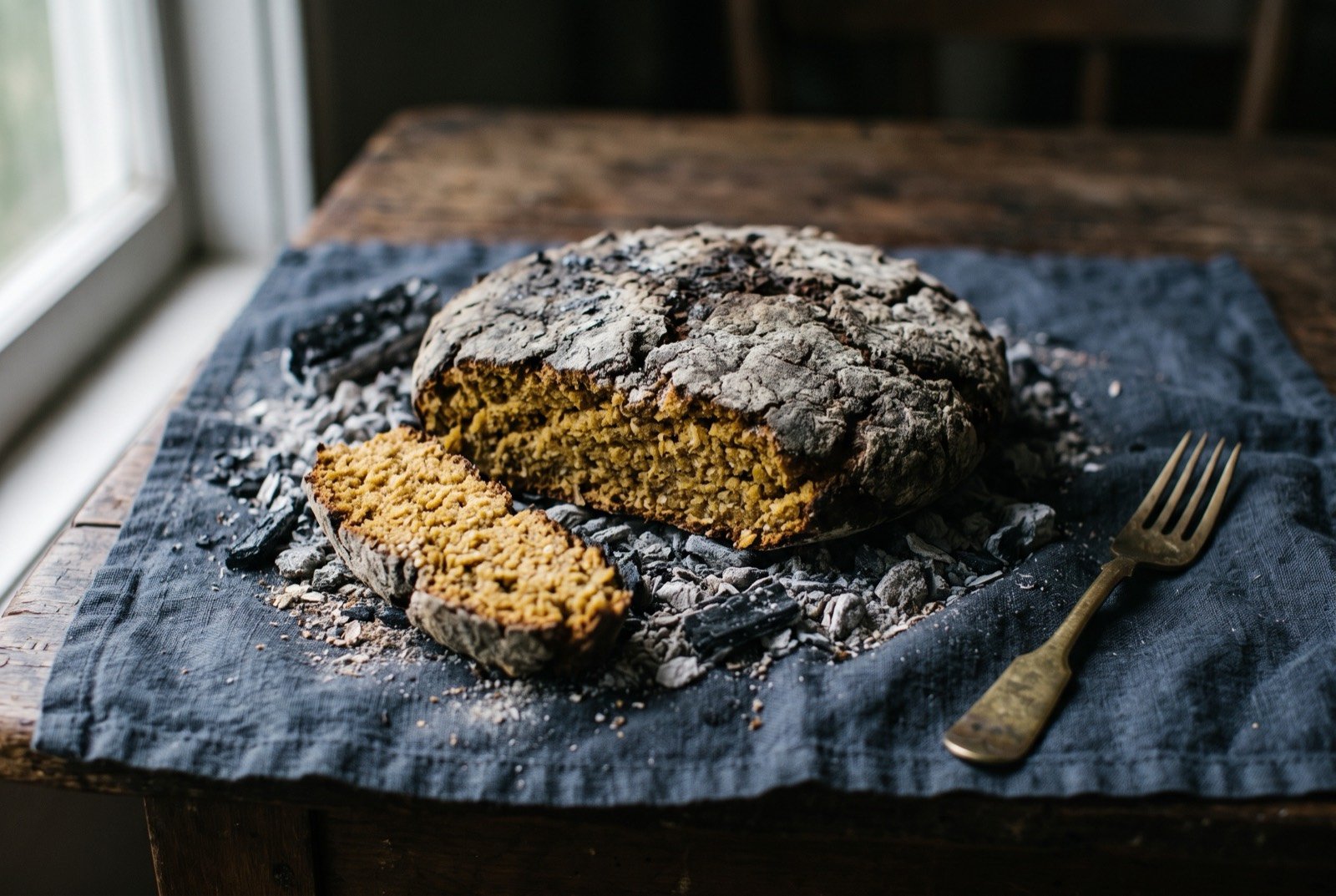 Cycad bread, ground and leached seed baked in ash: a flat, dense, pale ochre bread with a cracked ash grey crust, sitting on a bed of embers, a wedge broken away to show a coarse.