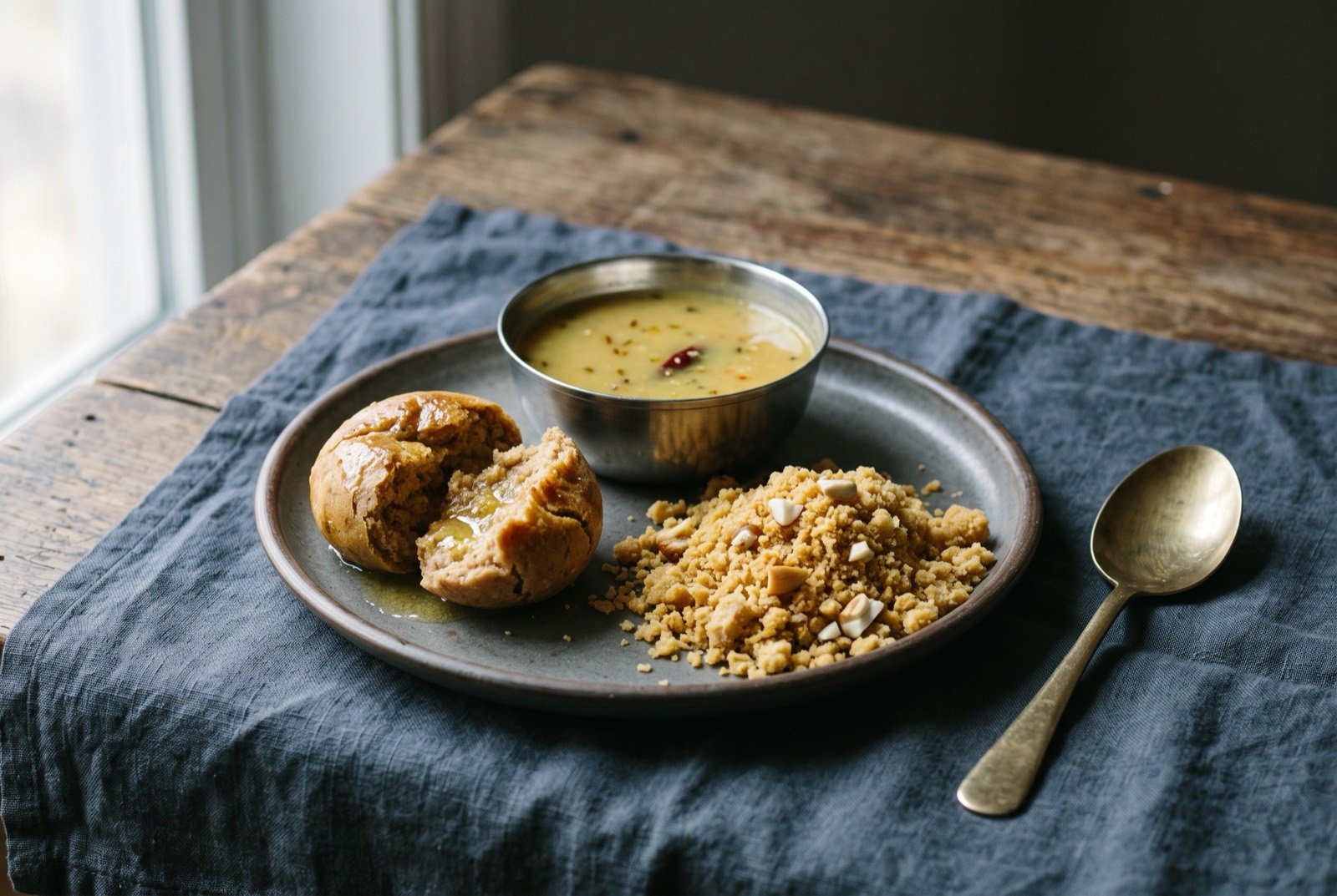 Dal baati churma, baked wheat balls, five-lentil dal and a sweet crumble served apart: a round plate holding three separate mounds, a split golden baati ball glossy with melted ghee, a small steel bowl of thin pale yellow dal.