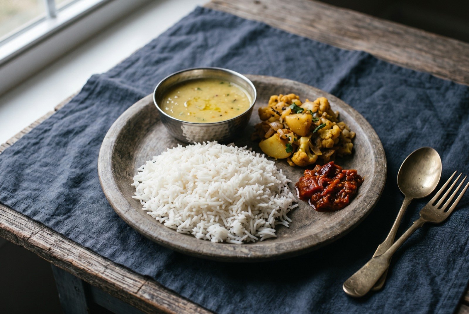 Dal bhat tarkari, rice, lentil soup, vegetable curry and pickle on one plate: a wide plate with a central mound of steamed white rice, a small steel bowl of thin pale yellow dal set beside it, a spoonful of golden potato and cauliflower tarkari and a small dark red achar in two further compartments.