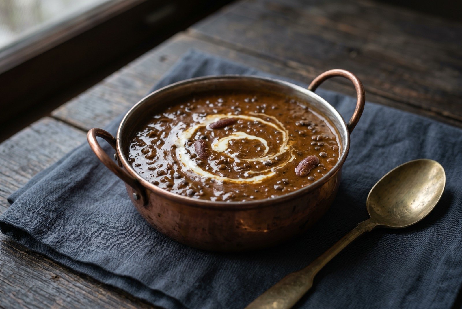 Dal makhani, whole black lentils simmered for hours with butter and cream: a thick, dark mahogany-brown lentil stew in a small copper handi, its surface glossy with melted butter and a faint marbled swirl of cream.