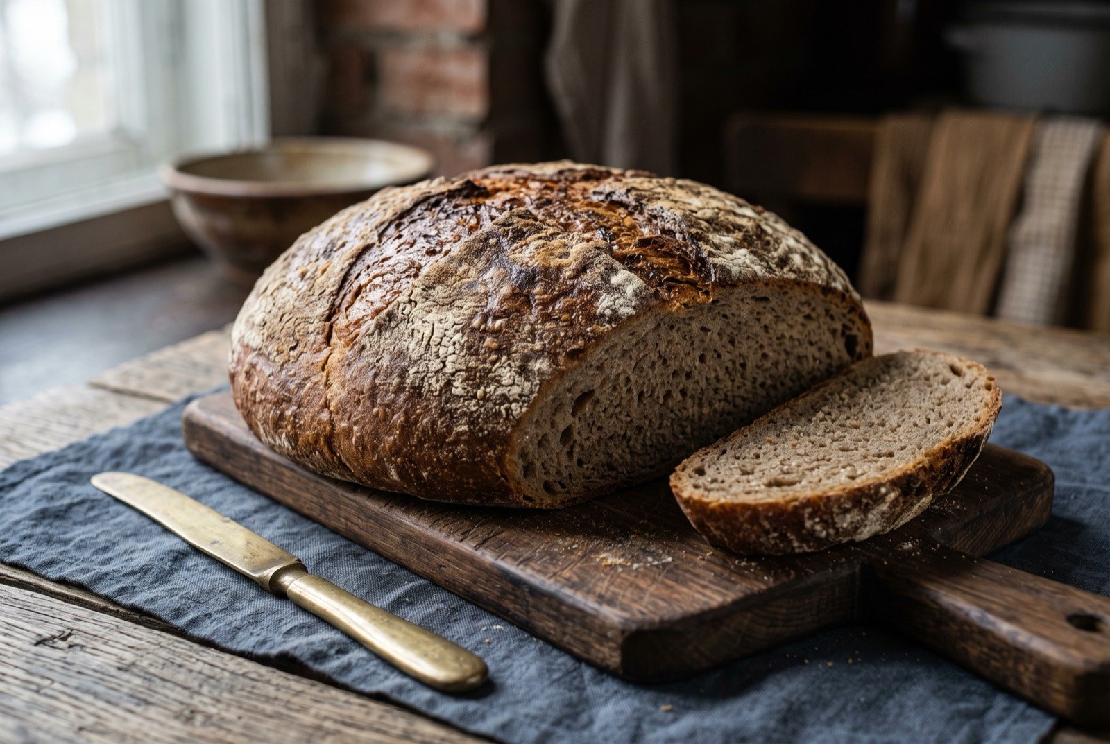 Dalieba, Harbin's giant hop leavened loaf: a large, round, deeply crusted loaf of bread resting on a dark wooden board, its thick crust a mottled dark golden brown with a faintly charred sheen.