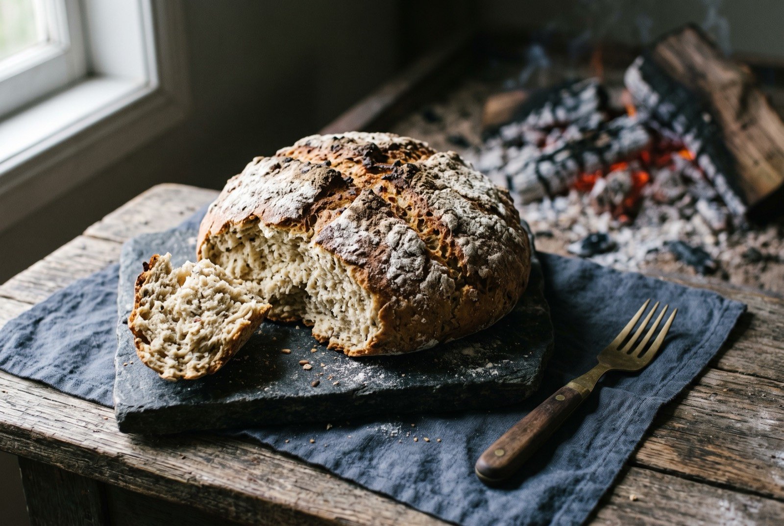 Damper, ground native seed bread baked in hot ash: a round, rustic golden brown loaf with a deeply cracked crust dusted with pale ash, resting on a flat stone beside glowing embers.
