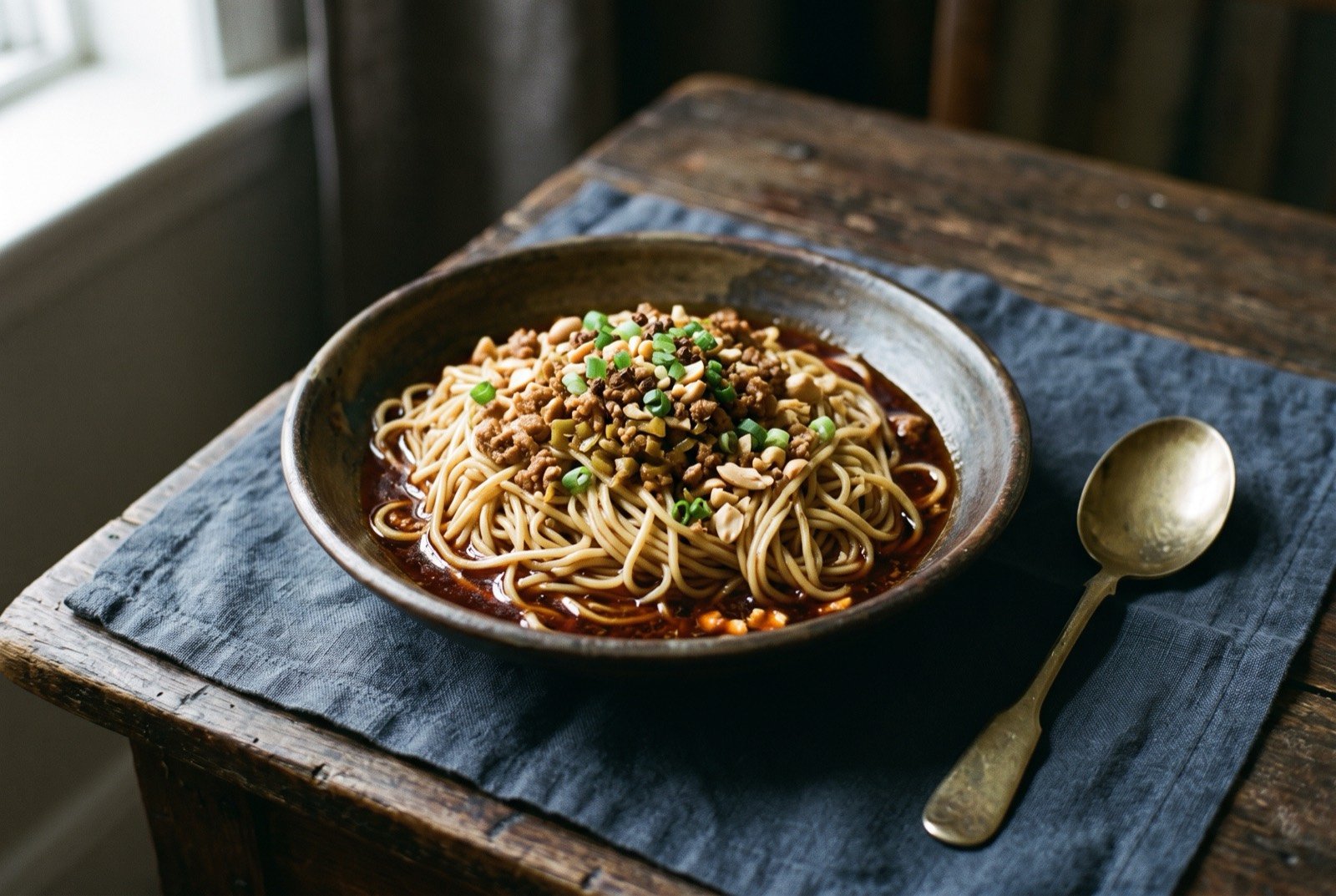 Dan dan noodles, wheat noodles in chilli oil and sesame sauce with preserved-vegetable pork mince: a compact tangle of thin wheat noodles in a shallow bowl, coated in a dark reddish-brown sesame and chilli oil sauce, topped with a scatter of dry-fried pork mince and chopped preserved mustard stem.