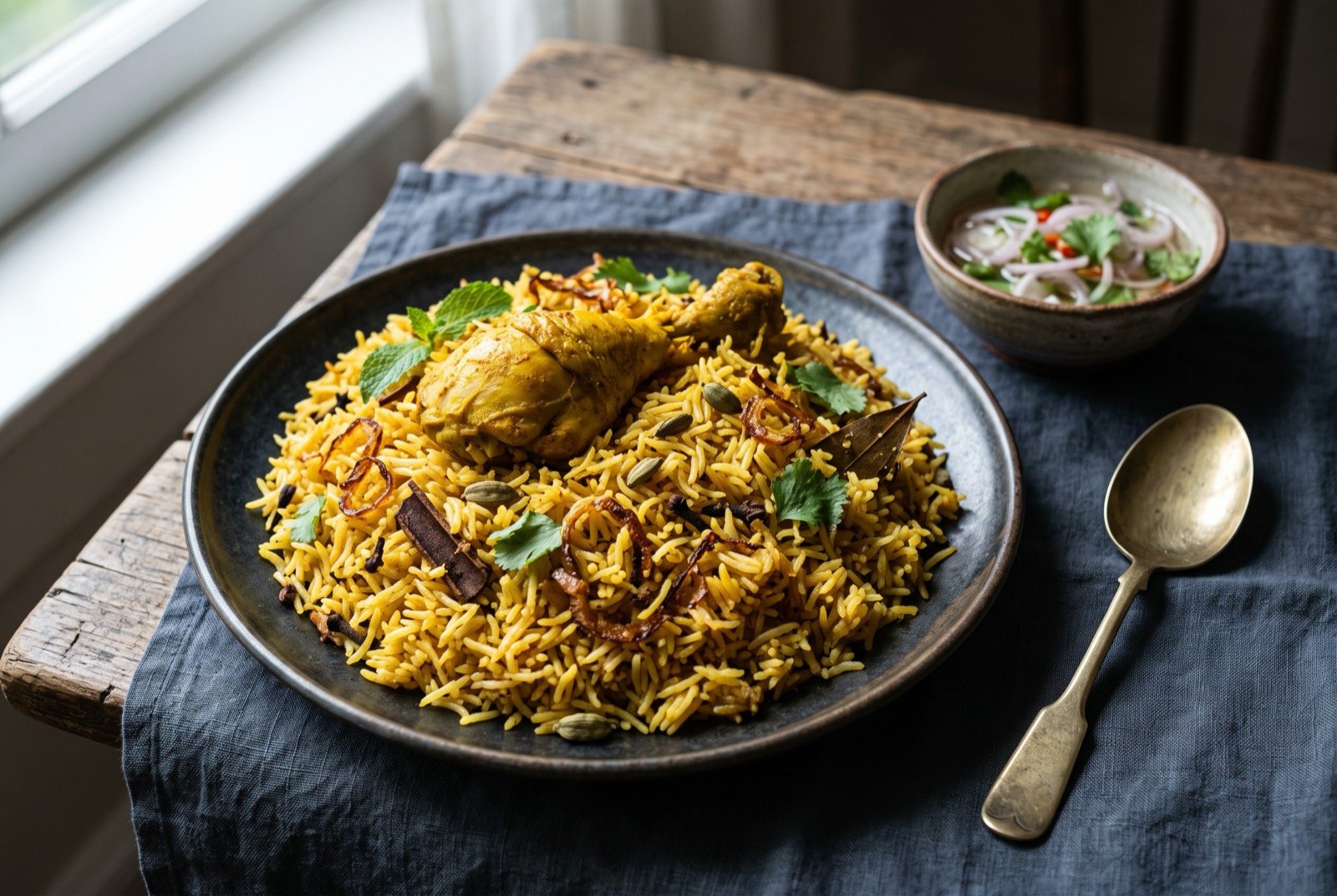 Danbauk, Burmese biryani layered with saffron rice, fried onion and turmeric marinated chicken: a mound of golden saffron-streaked rice studded with deep fried onion, a piece of turmeric-stained chicken on the bone resting on top.