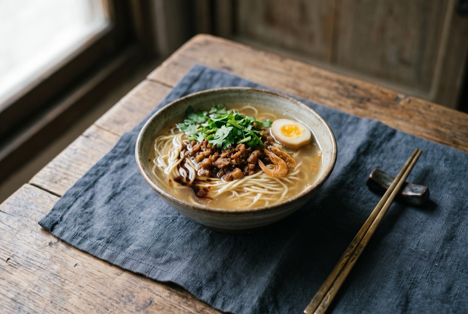 Danzai mian, Tainan noodles carried through a fisherman's lean season: a small bowl of thin noodles in a clear, pale amber shrimp-and-pork broth, topped with a spoonful of dark minced meat sauce.
