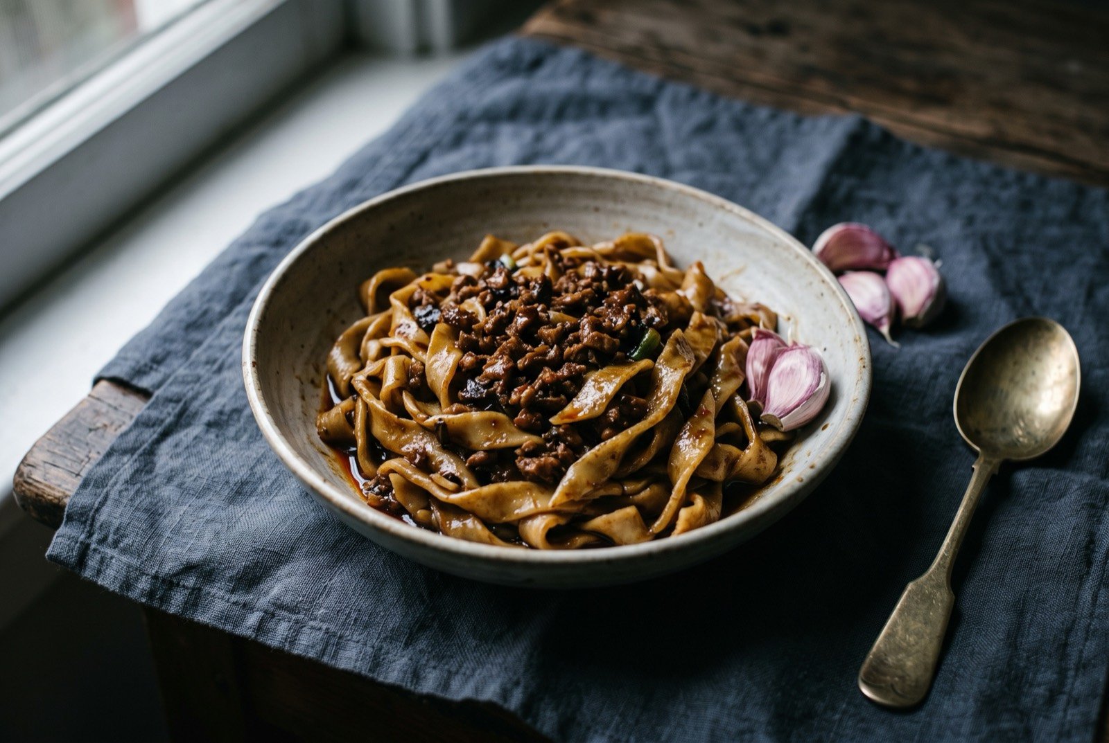 Daoxiaomian, knife-shaved noodles: thick, short, irregularly shaved noodle ribbons with tapered ends, tossed in a dark vinegar-forward sauce with a few strands of pork and scallion.