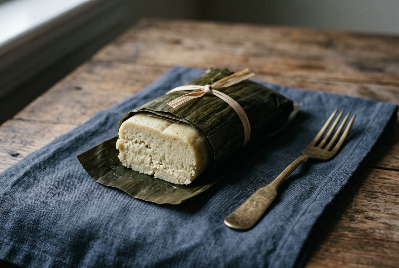 Darasa, a green plantain tamale in banana leaf: a single unwrapped plantain tamale on a square of dark green banana leaf, its pale, dense, smooth interior exposed at one cut end.