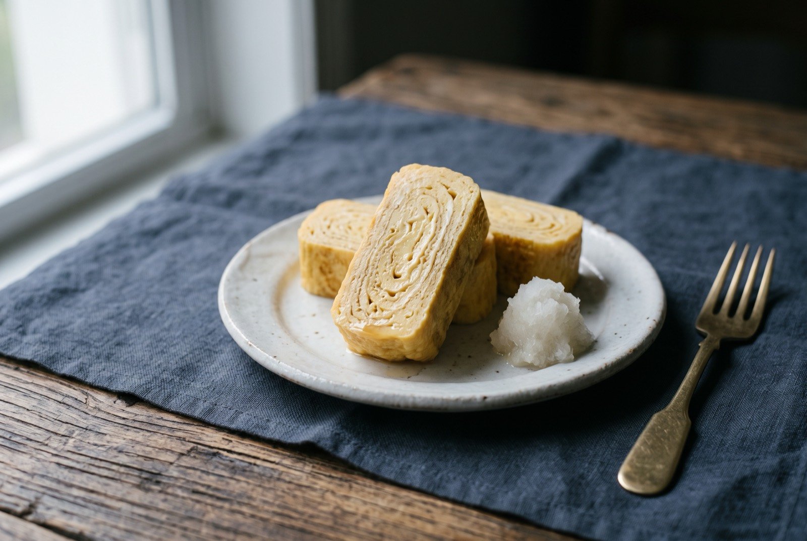 Dashimaki tamago, layered rolled omelette seasoned with dashi and pale soy: three thick rectangular slices of rolled omelette stood on their sides on a small white plate, the cut faces showing fine.