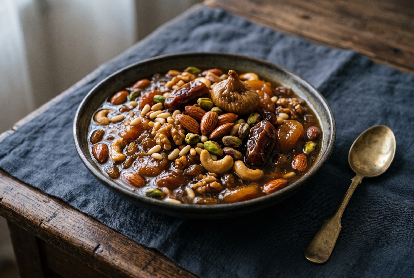 Debyaza, Mecca's Eid al-Fitr dried fruit and nut dish: a shallow bowl of glossy dark amber dried fruit paste studded densely with whole almonds, pistachios, cashews and pine nuts.