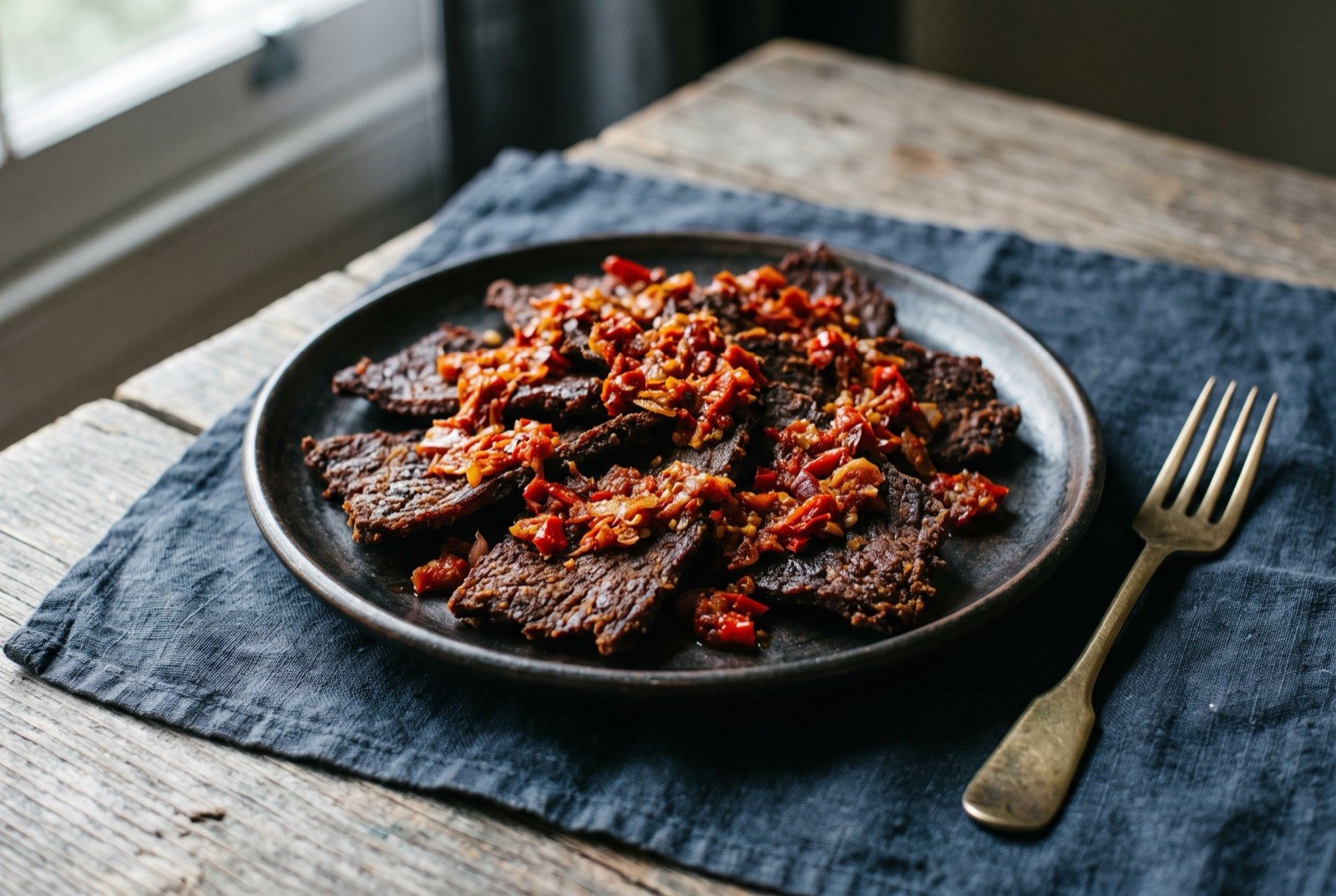 Dendeng balado, thin fried beef under a coarse, cooked red chilli relish: flattened, dark, crisp-edged slices of fried beef fanned across a plate, heaped with a coarse, chunky red chilli and shallot relish rather than a smooth sauce.