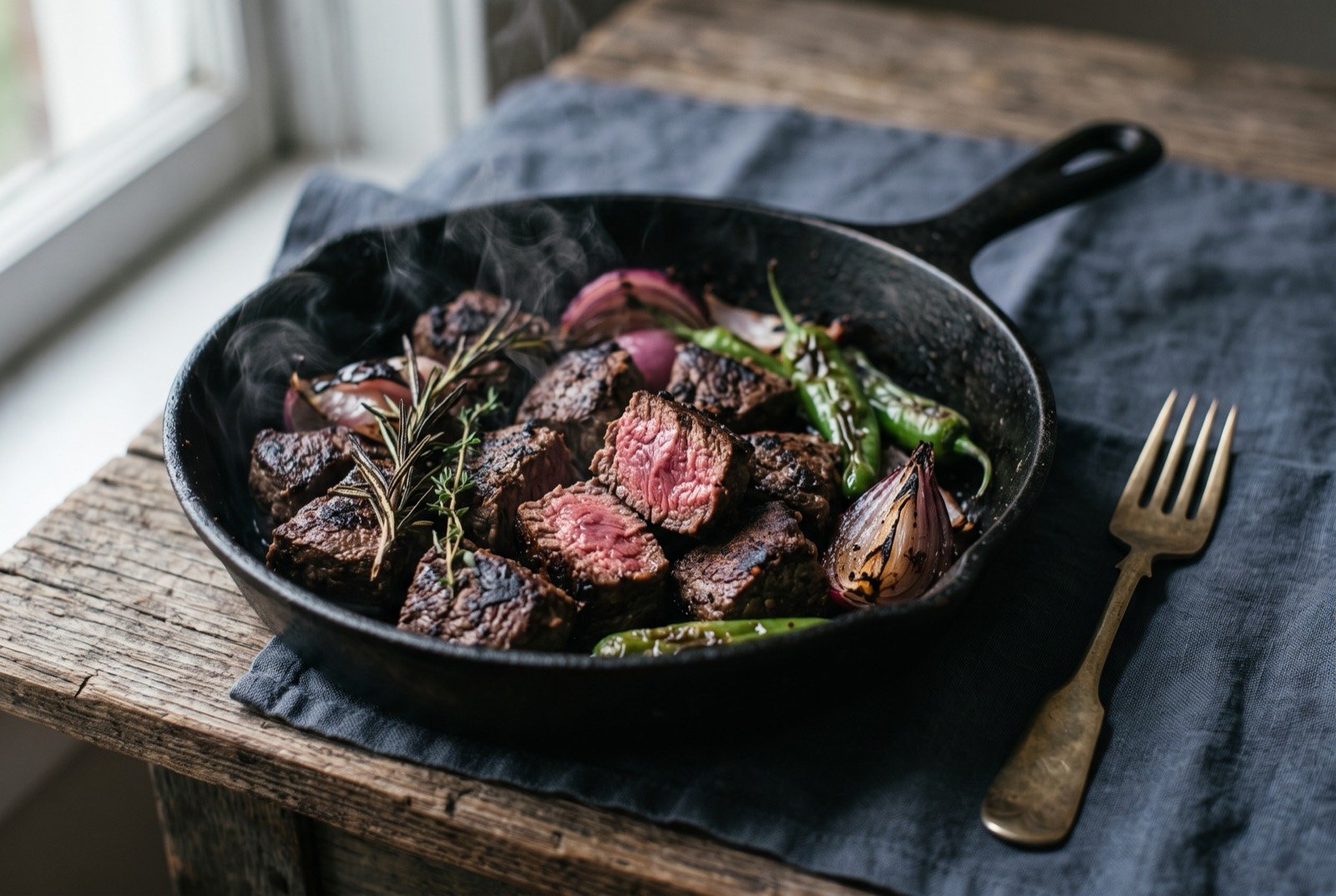 Derek tibs: Chunks of beef seared dark brown and dry, with no sauce at all, still pink at the centre where one is cut, tossed with charred red onion wedges.