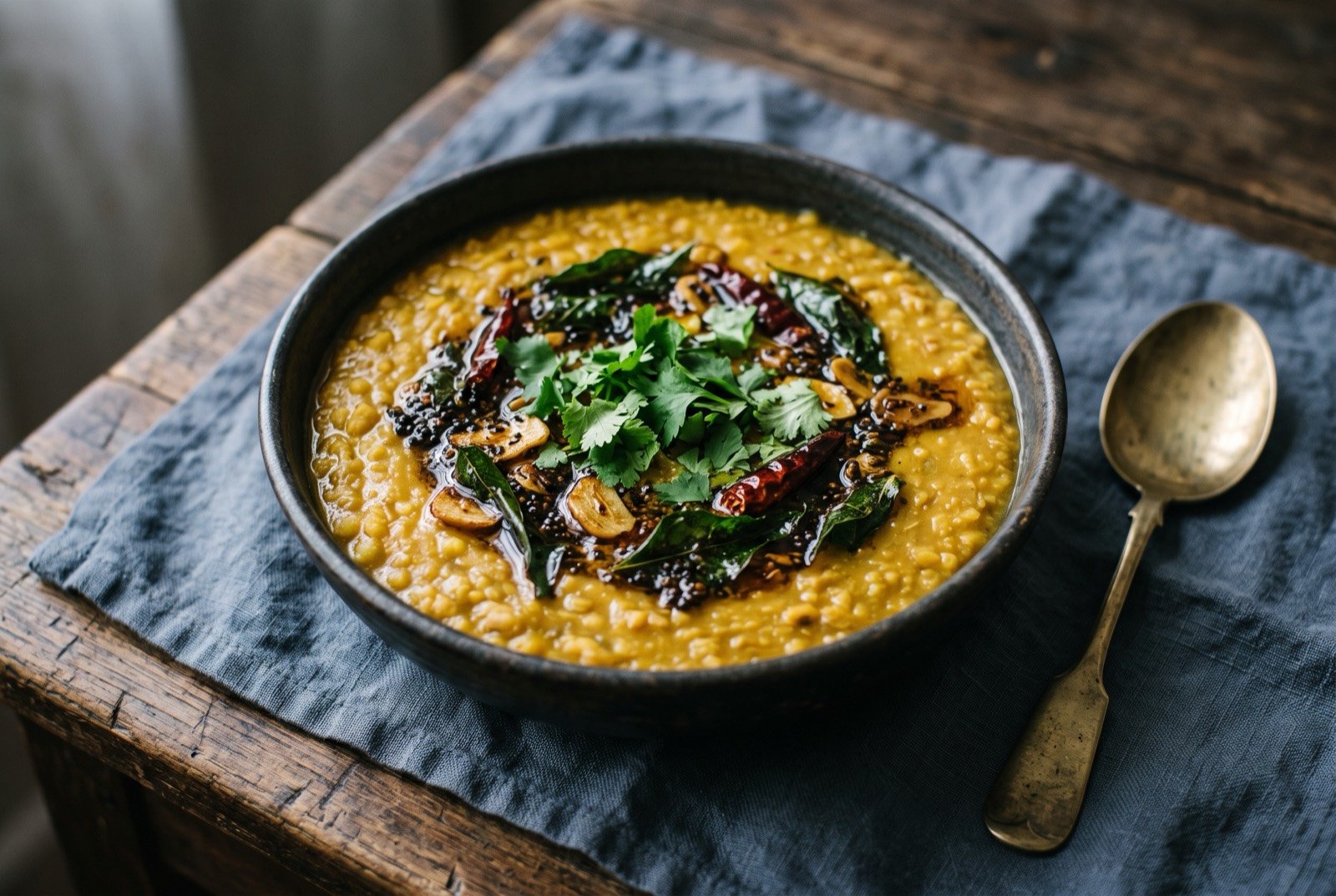 Fiji dhal, mixed lentil dhal with a curry leaf tempering: a deep bowl of thick, golden-yellow lentil dhal, a pool of dark tempered oil sitting on the surface studded with crisp curry leaves.