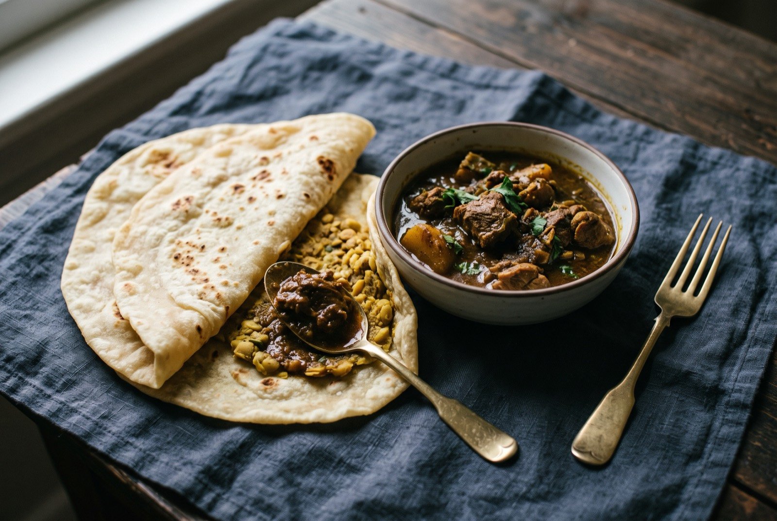 Dhal puri with curry, split pea stuffed flatbread with curried meat: a thin, pale golden flatbread with faint darker scorch spots, folded beside a small bowl of dark, thick curry sauce with visible pieces of meat.
