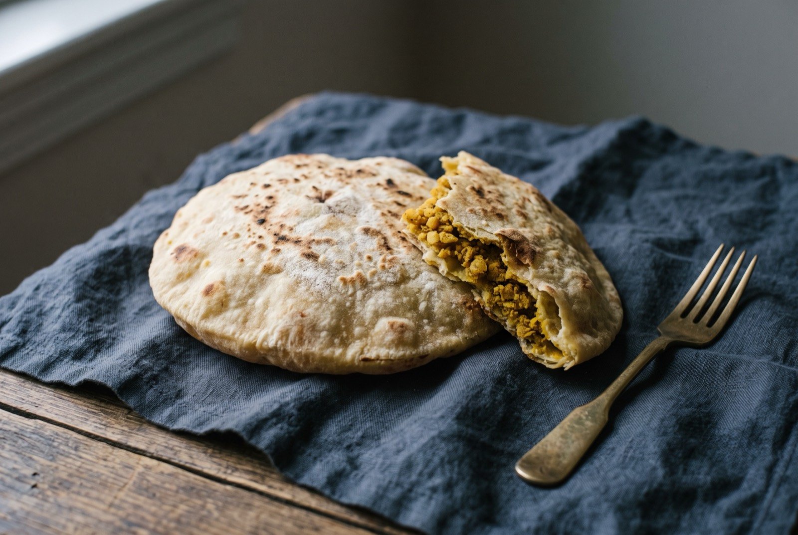 Dhalpuri roti, split pea stuffed flatbread: a pale golden, slightly domed round flatbread with faint scorch spots from the griddle, one piece torn open to reveal a dry.
