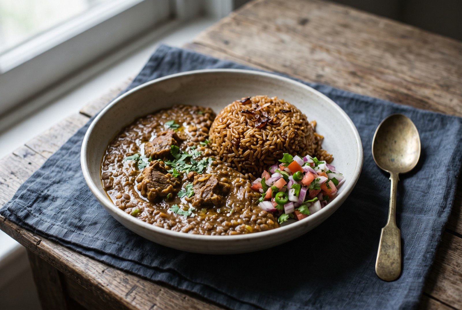 Dhansak, a Parsi lentil and meat stew with caramelised rice: a thick, dark brown lentil and meat stew in a shallow bowl beside a mound of dark caramelised brown rice, a single kebab resting against the rice.