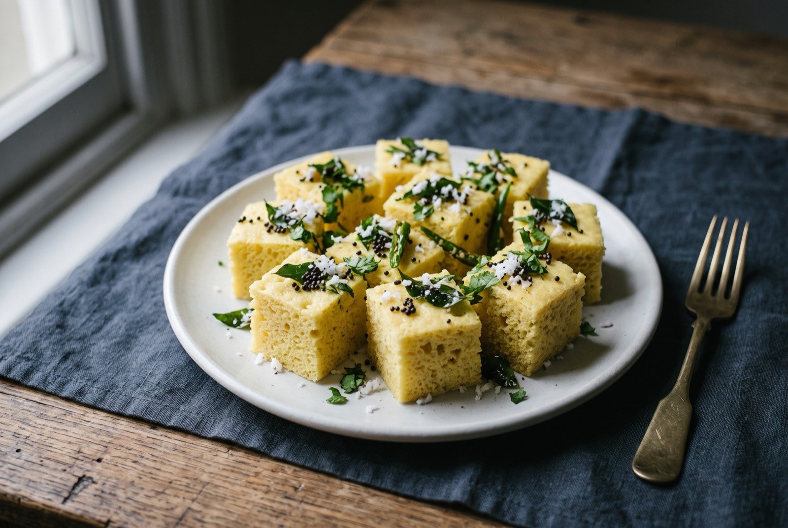 Dhokla, a steamed fermented gram flour cake: soft pale yellow steamed cake cut into neat squares, the surface dotted with black mustard seeds, curry leaves and thin green chilli slivers.