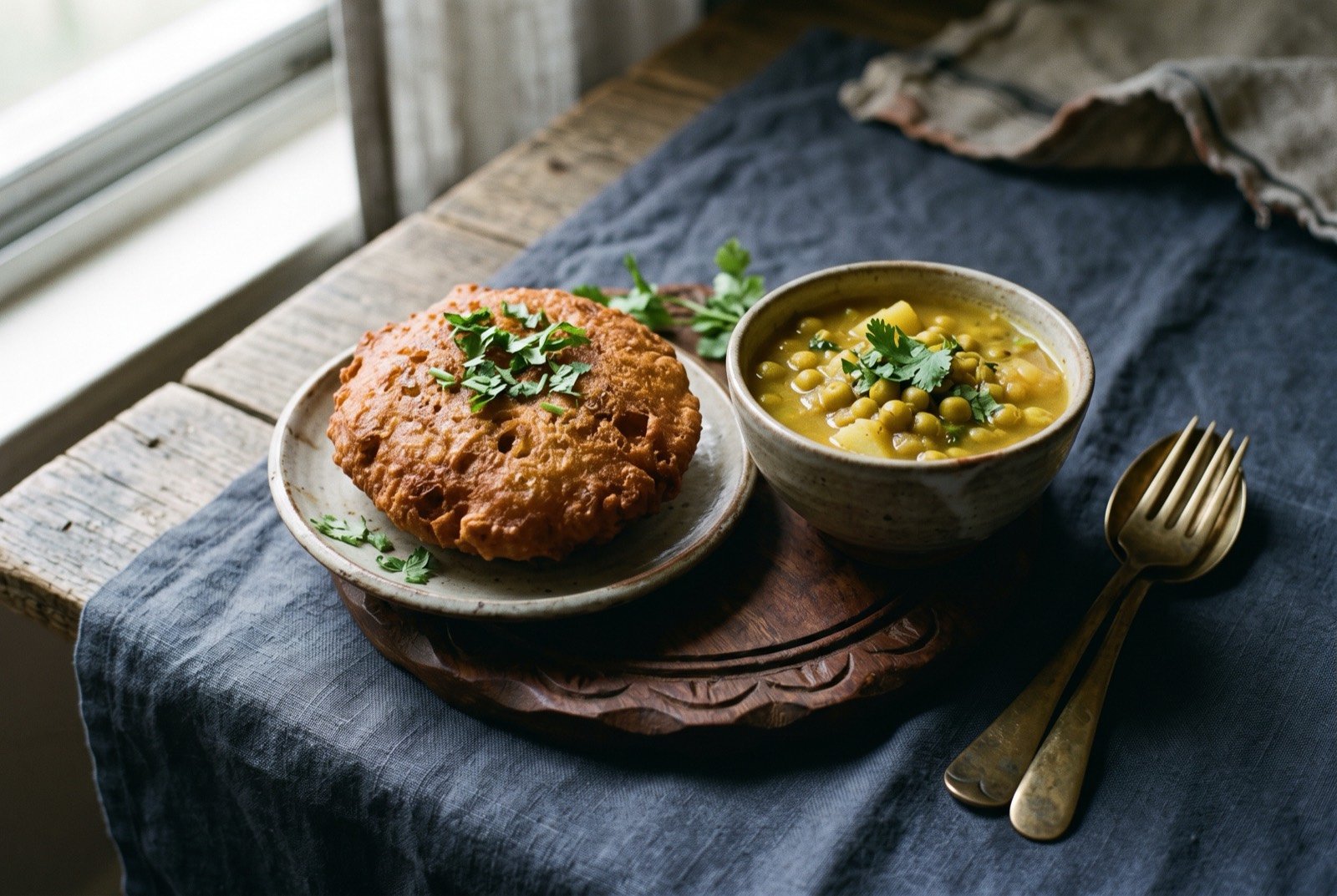Dhuska, Jharkhand's fried rice and lentil market-day cake: a thick, deep golden fried disc with a coarse, slightly craggy surface, resting beside a small bowl of pale ghugni curry.