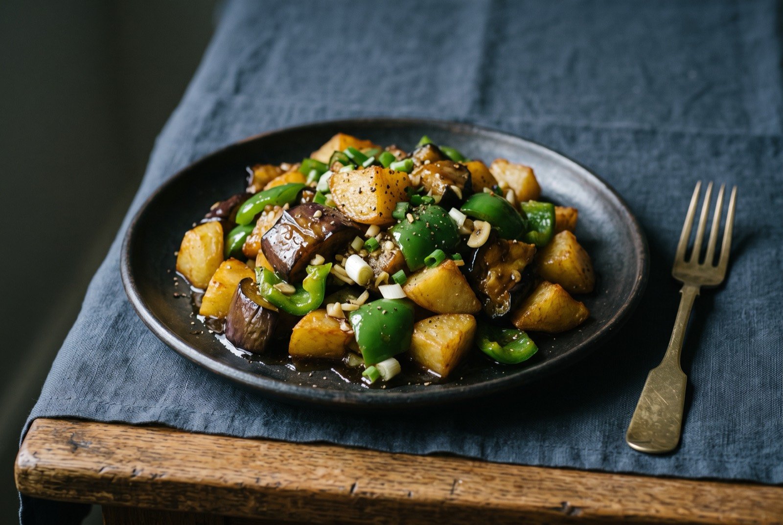 Di san xian, potato, aubergine and green pepper fried and glazed together: a shallow dark plate holding uneven golden brown chunks of fried potato, soft glossy dark purple aubergine pieces and bright green pepper.