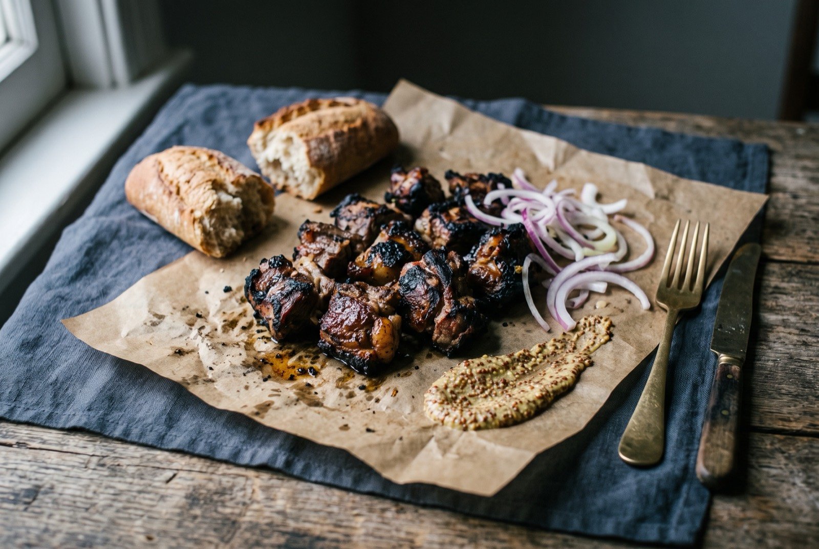 Dibi, Dakar's grilled mutton: chunks of mutton with a deeply charred, blistered dark crust from open flame grilling, arranged on a sheet of brown paper.