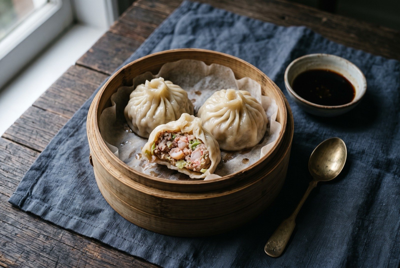 Dim sim, a large steamed dumpling of pork, prawn and cabbage: three large, pale, glistening steamed dumplings stacked loosely in a round bamboo steamer lined with baking paper, the translucent wrappers gathered and pleated at the top.