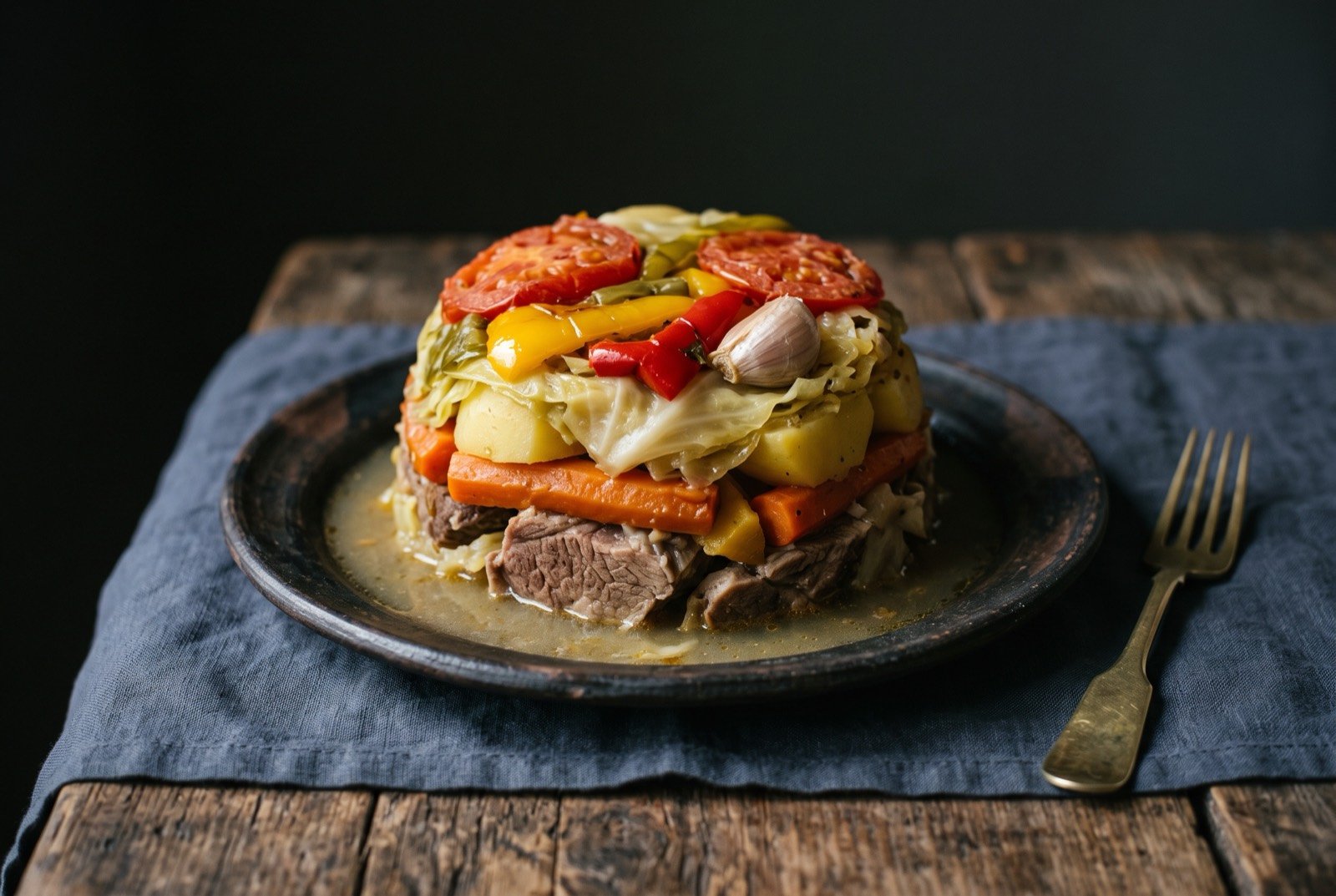 Dimlama, a layered meat and vegetable stack cooked in its own moisture: a turned out stack of large cut lamb at the base with thick layers of carrot, potato, cabbage wedges, pepper and sliced tomato above.