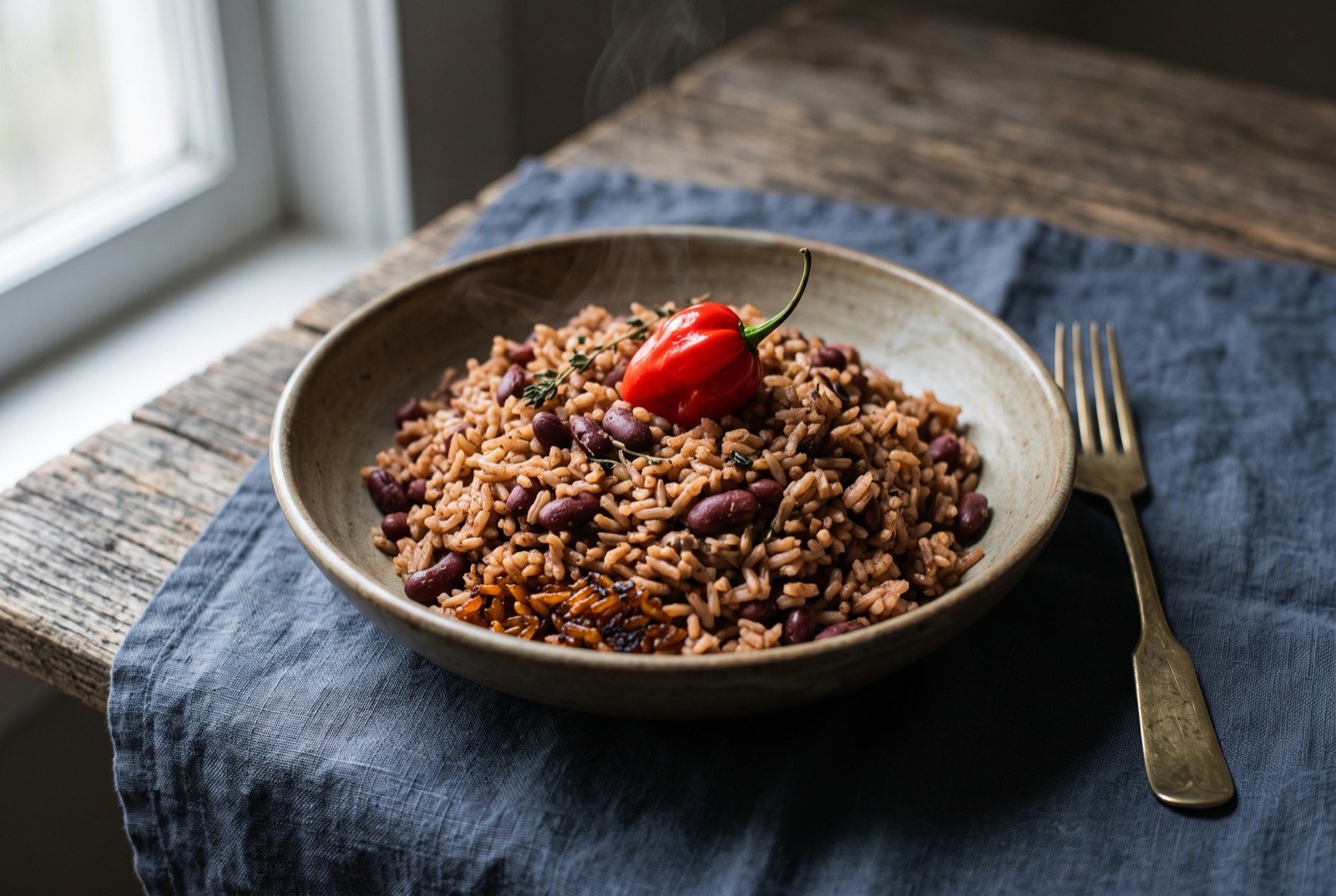 Diri ak pwa, rice and beans cooked together: a shallow bowl of reddish brown rice, a whole scotch bonnet chilli resting on top, a few grains catching a deeper caramelised colour near the base of the pot.
