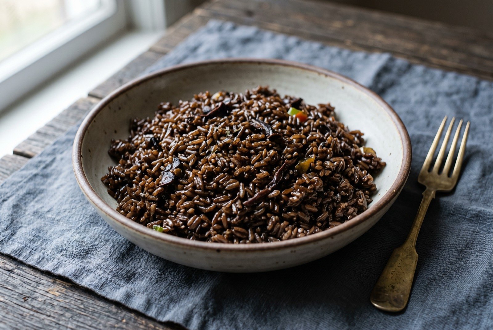 Diri djon djon, black mushroom rice: a wide bowl of glossy near black rice, every grain distinct and faintly slick, a few dark mushroom fragments visible among the grains.