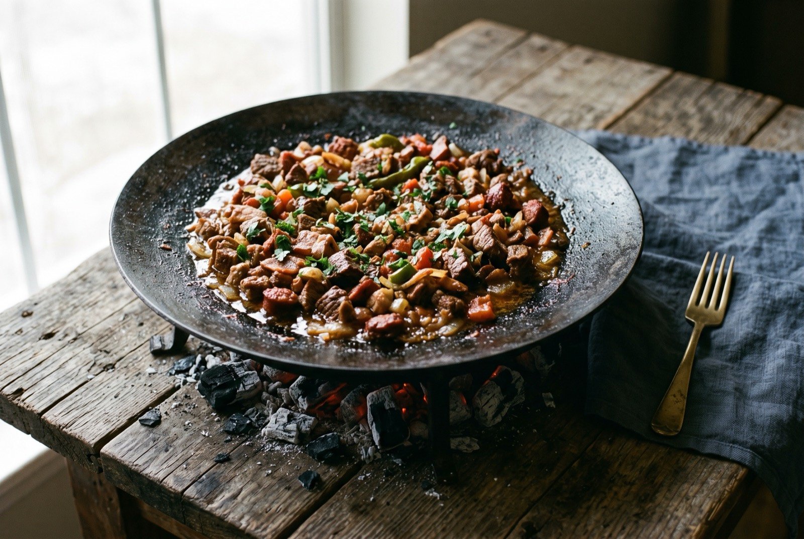 Discada norteña, mixed meats cooked on a plough-disc griddle: a wide concave metal disc set over open coals, a rich mixture of browned beef, pork, bacon and sausage pieces glistening in their own rendered fat.