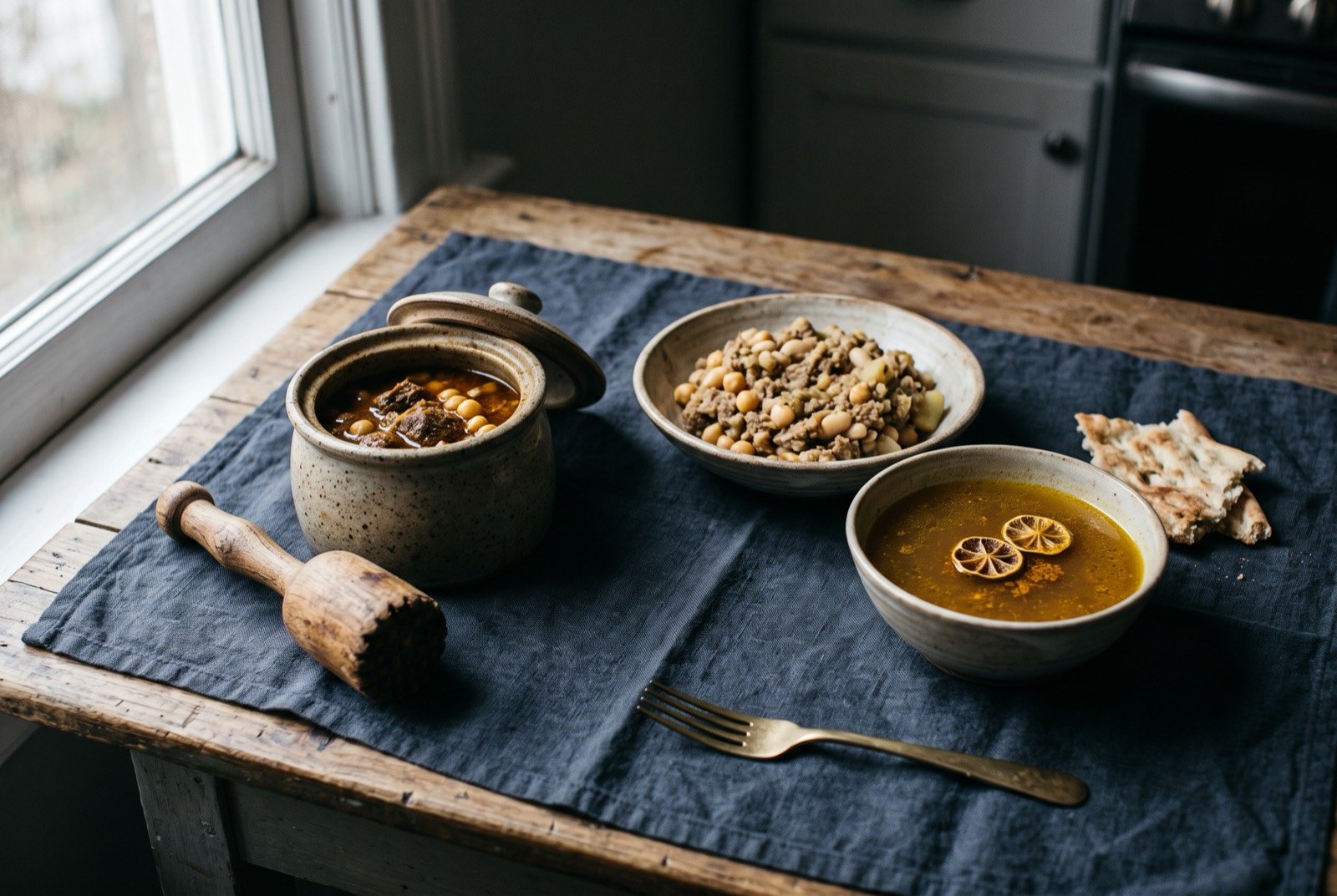 Dizi, a lamb, chickpea and potato stew served first as broth then pounded into a coarse paste at the table: a small individual stoneware crock filled with a pale golden broth, chunks of lamb, chickpeas and potato just visible beneath the surface.