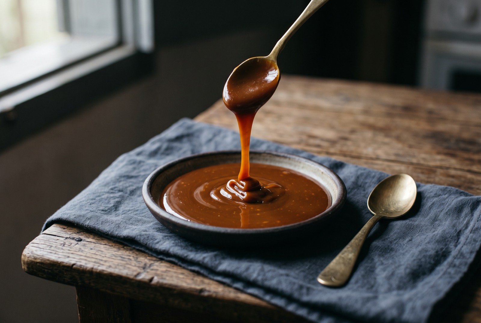 Doce de leite, slow reduced milk caramel: a thick, glossy, deep amber caramel pooled in a small ceramic dish, a spoon lifted from it trailing a slow ribbon back into the pool.