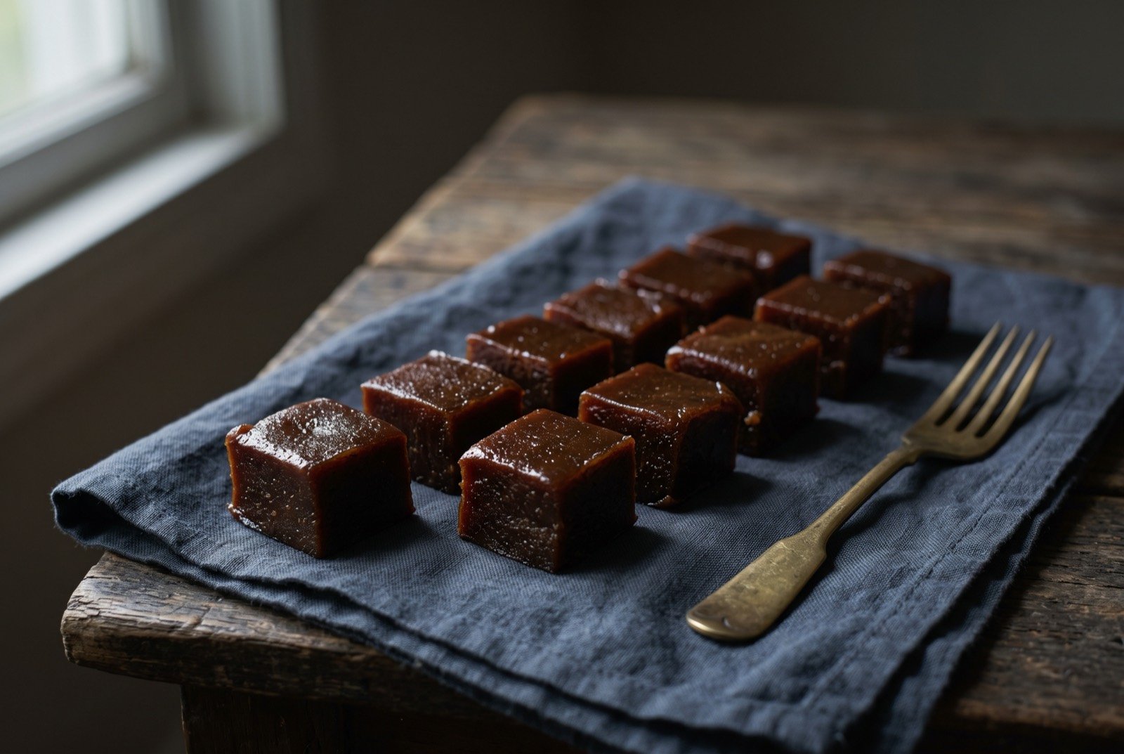 Dodol, dense, sticky-set coconut and palm sugar sweet: small dark brown, glossy squares of dense, sticky-set sweet, cut cleanly, arranged in a loose row, a faint sheen of coconut oil visible on the cut surfaces.