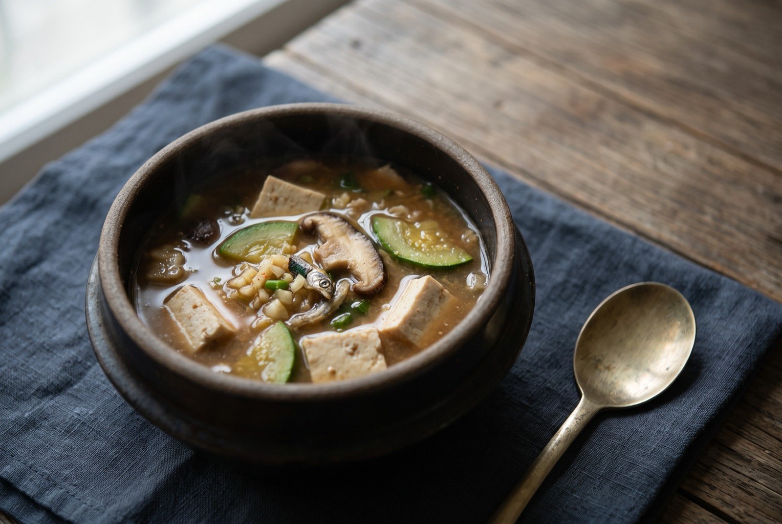 Doenjang-jjigae, soybean paste stew with tofu, courgette and mushroom: a small dark stone or clay bowl of thick, murky brown stew, cubes of pale tofu and sliced courgette and mushroom breaking the surface.
