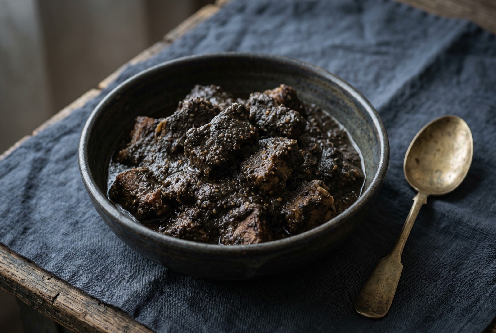 Doh neiiong, Khasi pork in a black sesame gravy: pork chunks coated in a thick, near-black, glossy sesame gravy, the surface matte rather than shiny, no visible garnish.