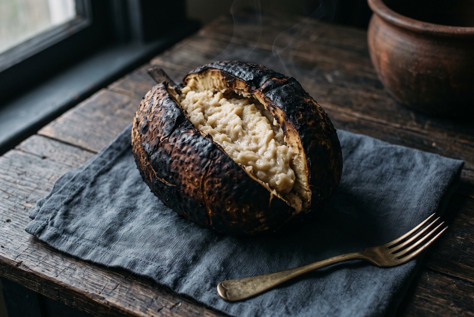 Dokoamai, Pohnpei's whole breadfruit cored, stuffed and roasted for the Nahnmwarki: a whole roasted breadfruit, its skin blackened and split open along one side, the cored cavity visible and packed with a soft pale mashed filling.