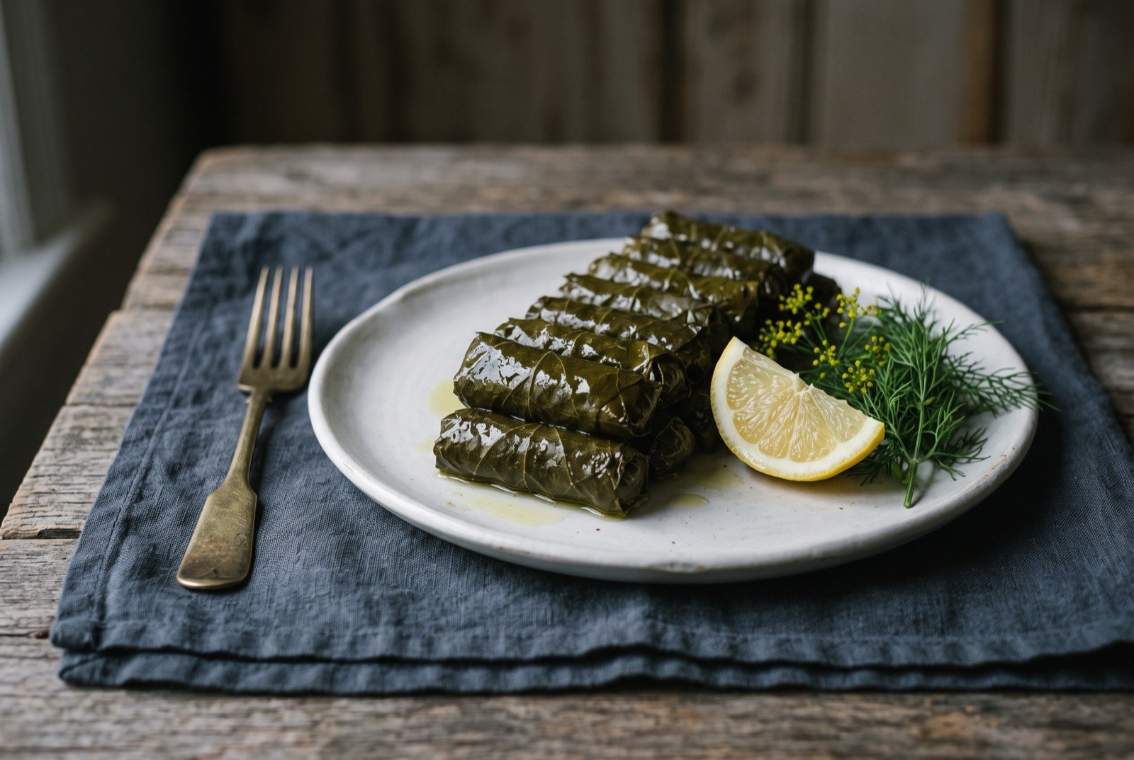 Dolmades, vine leaves tightly rolled around herbed rice: a tight arrangement of small, dark green vine leaf rolls packed closely on a plate, glistening with olive oil and a scatter of lemon.
