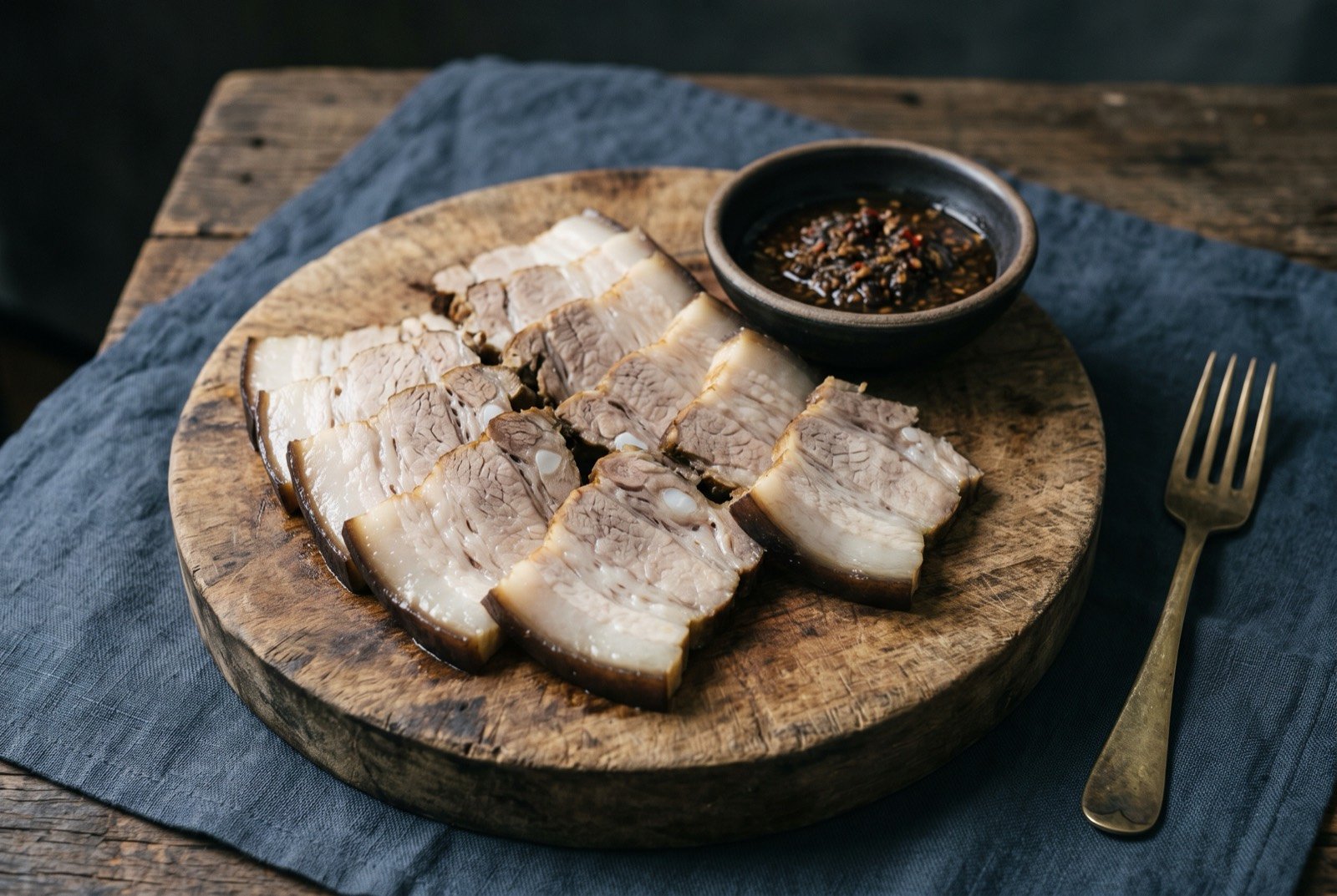 Dombegogi, boiled black pork sliced on a wooden board: pale ivory slices of boiled pork belly fanned across a rough-hewn wooden cutting board, the fat rendered soft and translucent at the edges.