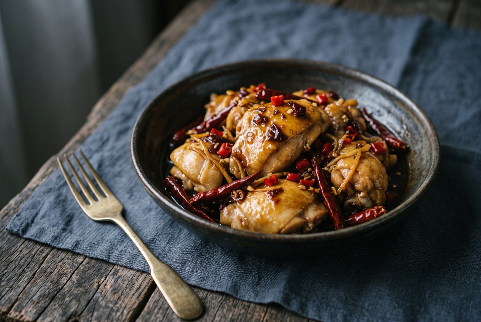 Dong'an ziji, vinegar braised chicken reduced to a dark glossy glaze: pieces of pale golden chicken in a thin, dark amber sauce flecked with red chilli and pale threads of ginger, a few dried chillies visible among the pieces.