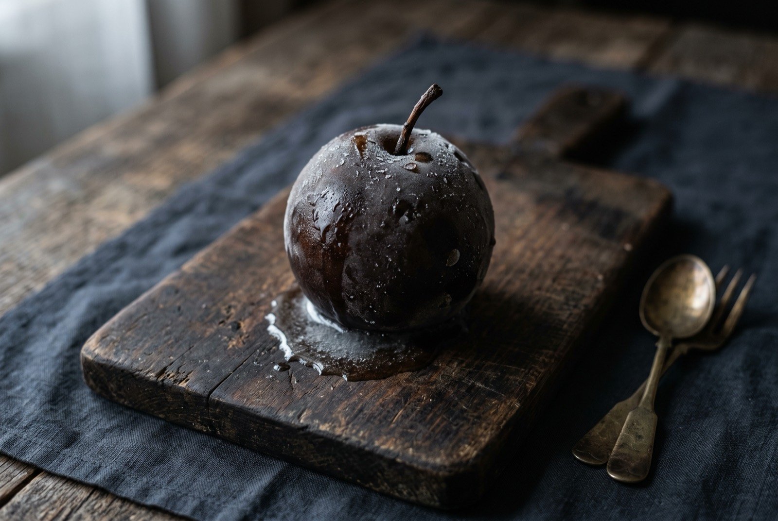 Dongli, a whole pear frozen through the Manchurian winter: a single whole pear resting on a dark wooden board, its skin darkened to a deep brownish black and glazed with a thin coat of frost and condensation.