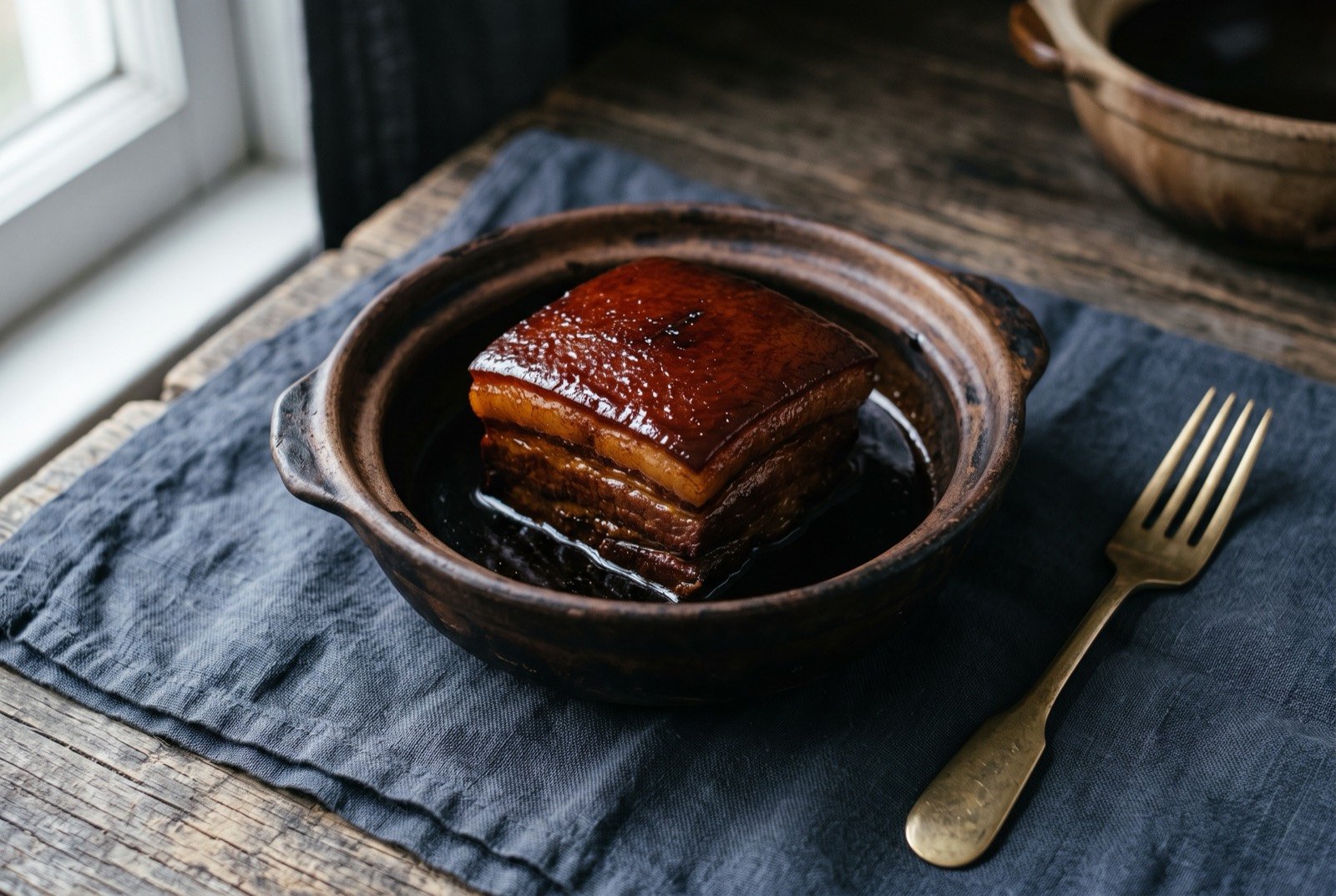 Dongpo rou, a single square of pork belly braised with almost no water at all: one large, precisely cut square of pork belly resting skin side up in a small individual clay pot, its surface a deep glossy mahogany.