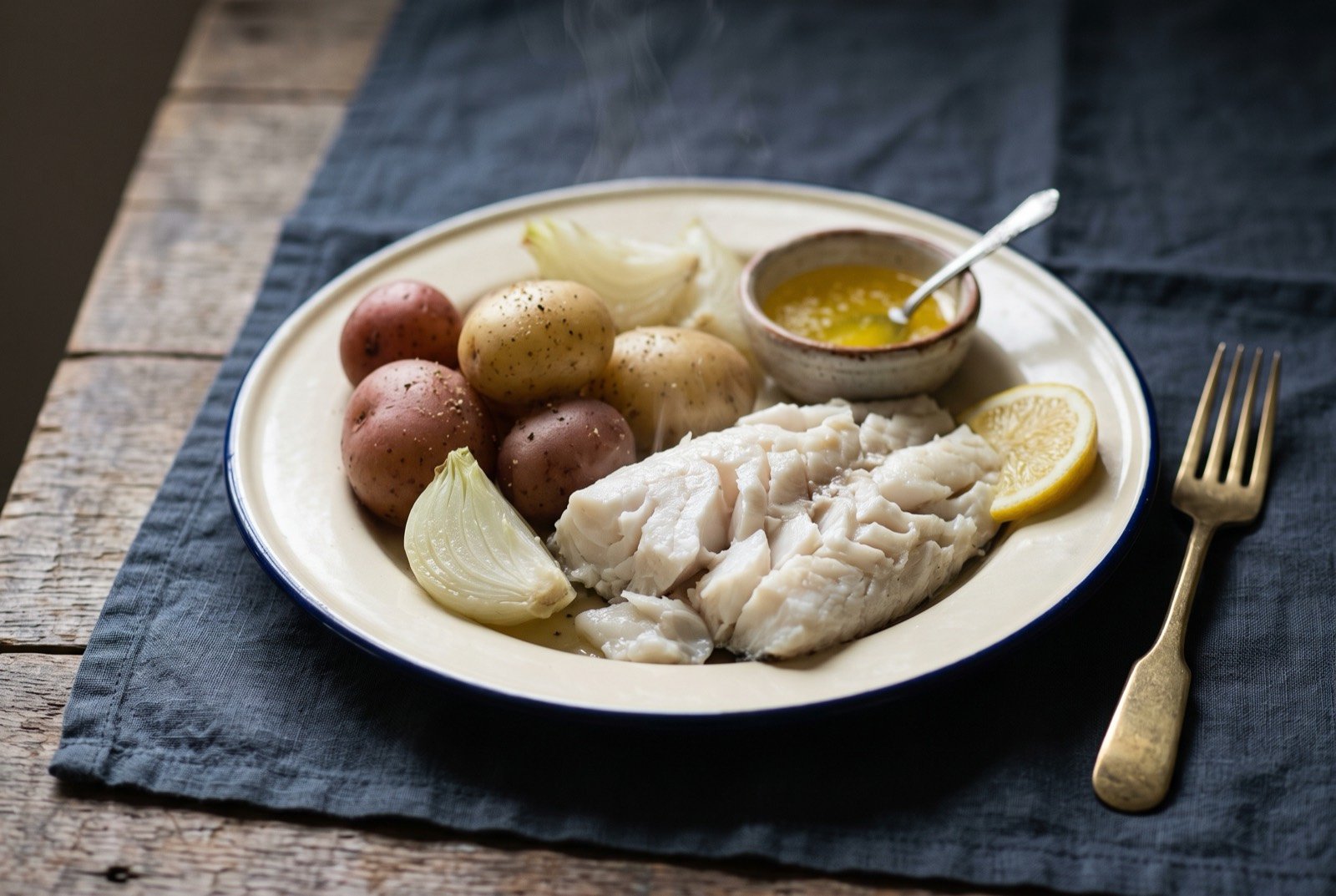 Door County fish boil: thick white flakes of boiled lake whitefish alongside small whole new potatoes and pale boiled onion quarters, piled simply on an enamel plate.