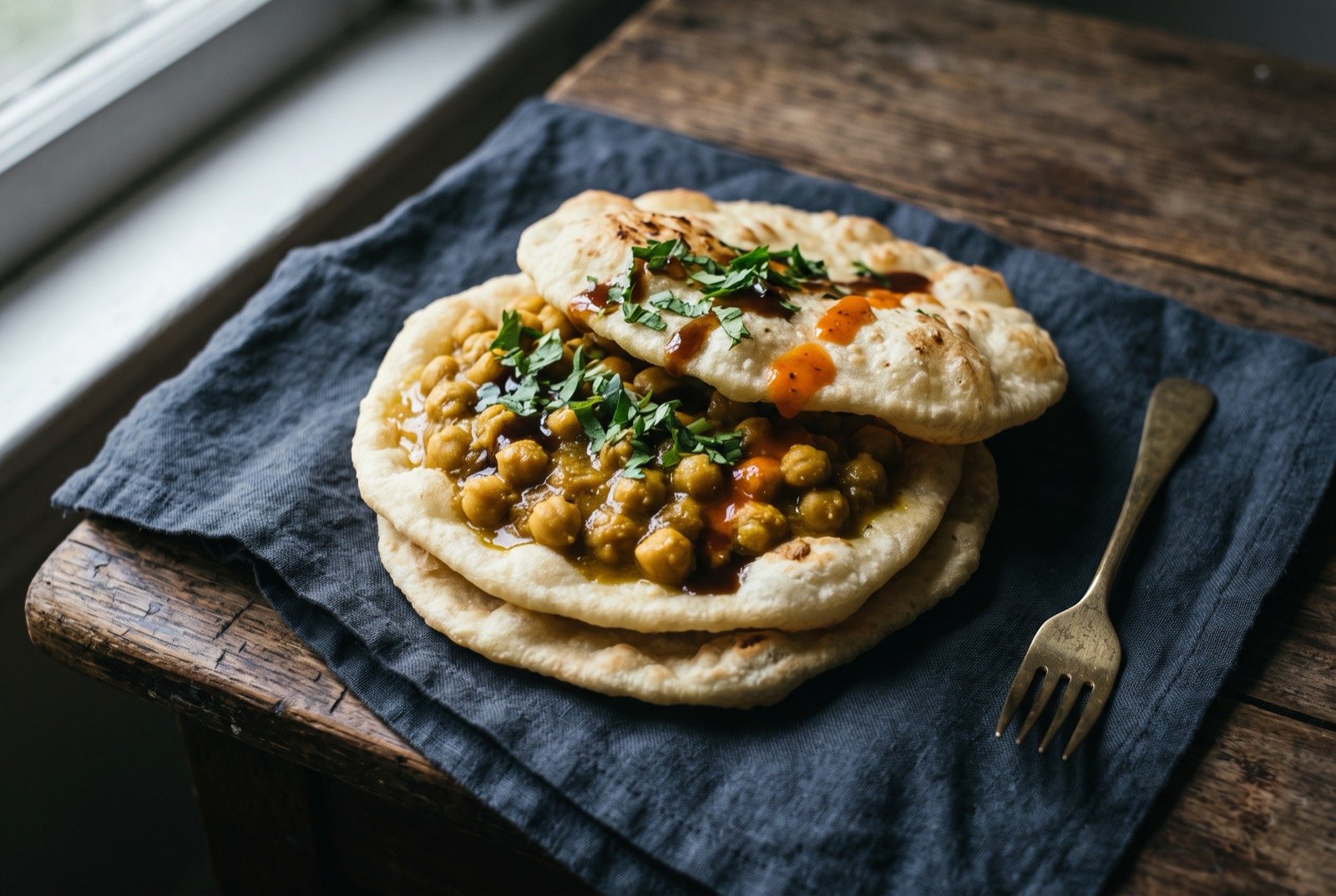 Doubles, curried channa in fried bara bread: two pale golden puffed fried flatbreads sandwiching a glossy mound of curried chickpeas in a thick yellow gravy, a scattering of dark green chopped bandhania and a thin trail of tamarind and pepper sauce across the top.
