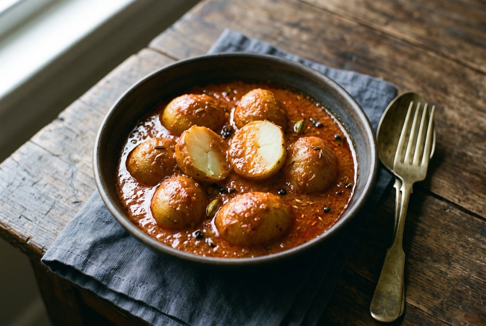 Dum aloo, whole baby potatoes in a Kashmiri Pandit red gravy: small whole deep-fried baby potatoes, their skins wrinkled, sitting in a smooth vivid red gravy with a faint sheen of oil.