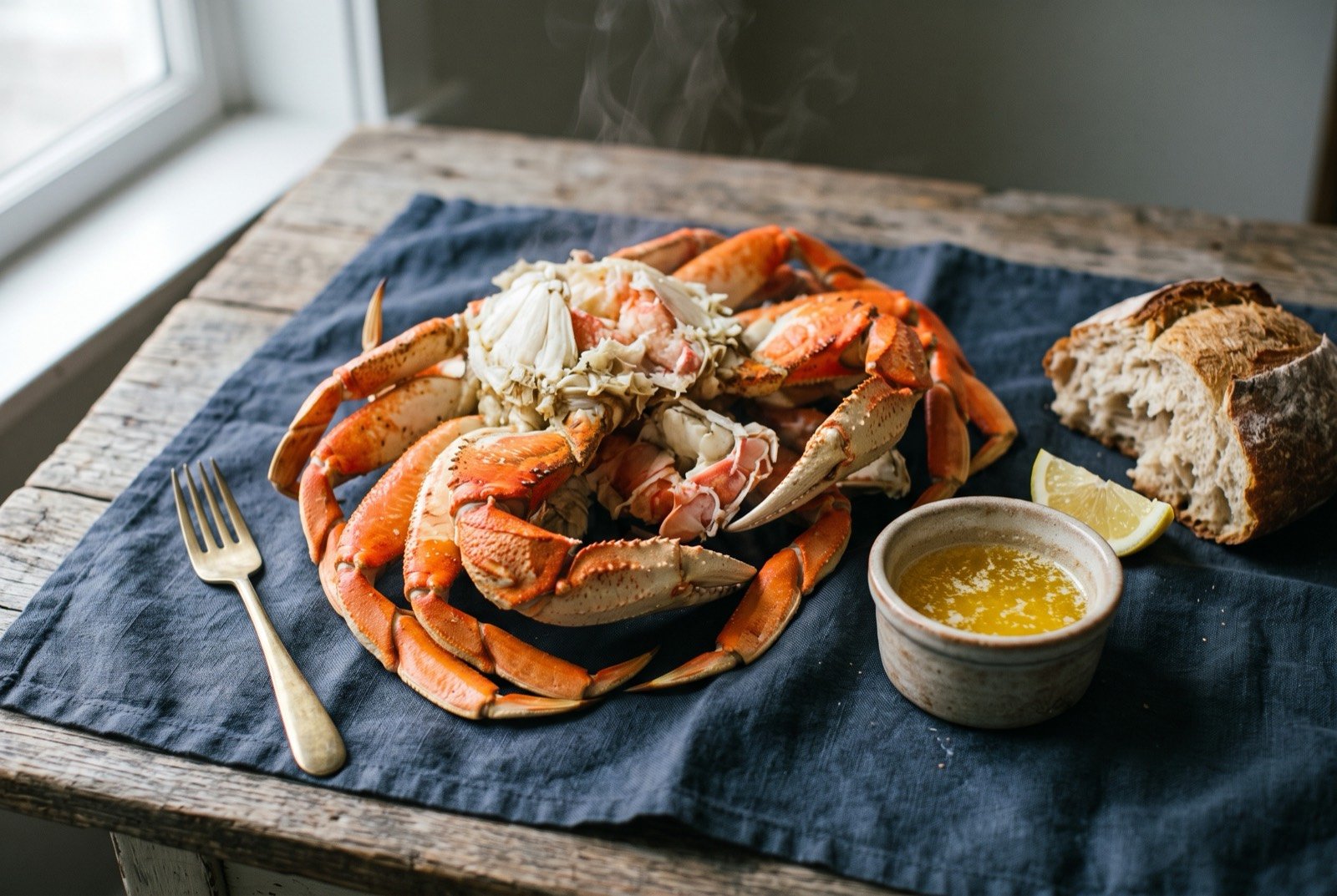 The Dungeness crab feed, cracked crab with melted butter: a mound of cracked, bright orange red Dungeness crab legs and claws piled on the linen, a small ramekin of golden melted butter alongside.